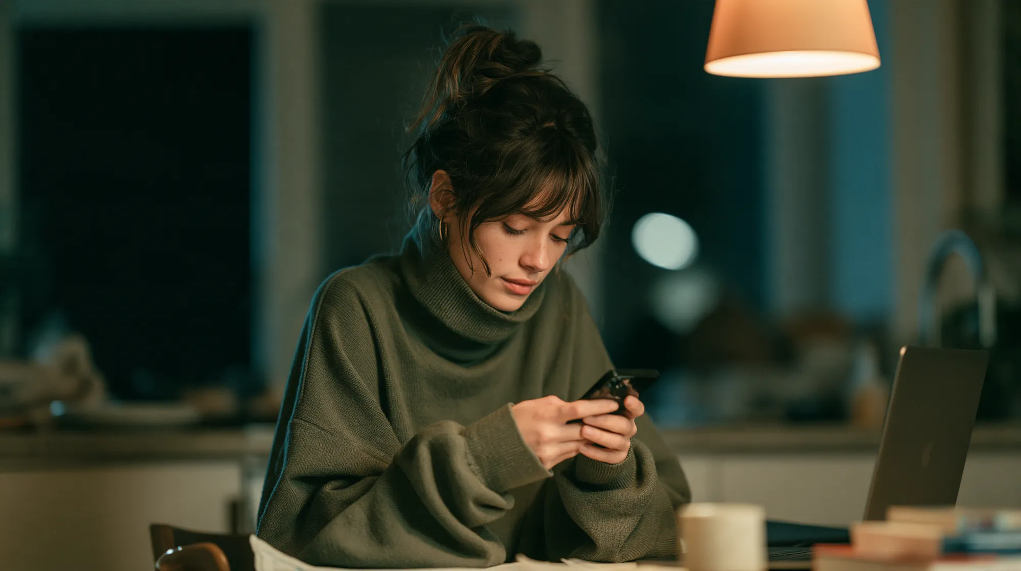 An employee at home in the evening, privately reviewing a security notification on her phone